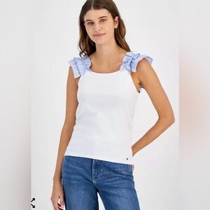 Tommy Hilfiger White Tank Top with Blue Ruffle Sleeves Medium